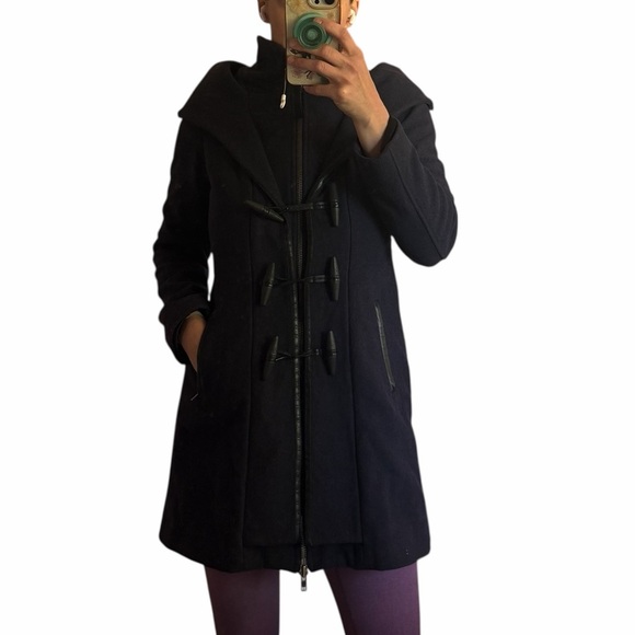 Mackage Wool Cashmere Jacket Coat navy blue gorgeous EUC hood hooded toggles M - Picture 1 of 15